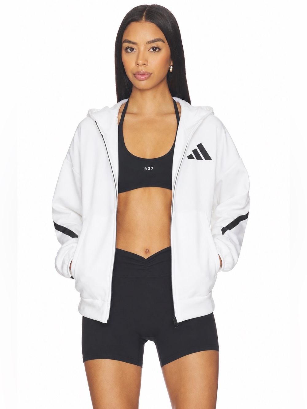 ADIDAS Full-Zip Baggy Y2K Minimalist Sport Hoodie Bright White 90s Activewear📐XS